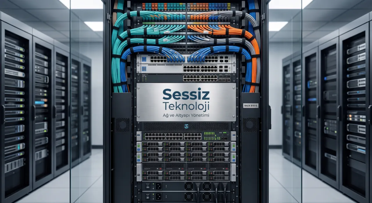 Etiketli patch kablolarla düzenlenmiş rack kabin
